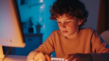 Poster - Young boy concentrating on his online studies, illuminated by the warm glow of the computer screen in a dimly lit room, highlighting the dedication of today's digital learners