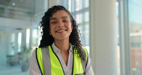 Poster - Woman, face and laptop with architecture for typing, planning and architect for project management. Construction, renovation or maintenance online for design with portrait smile for engineering