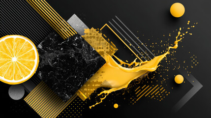 Poster - Playful Abstract Design Featuring Lemon Slice with Splash Elements and Dynamic Patterns on Dark Background