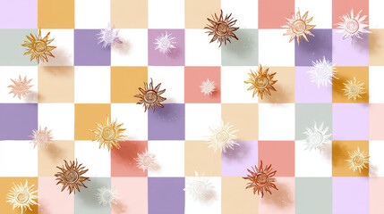 Poster - Minimal Hand-Drawn Sun Icons Scattered Over Pastel Color Blocks for Unique Background or Design Use
