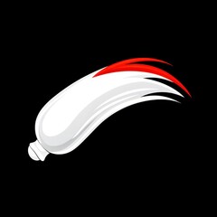 Poster - Abstract illustration of white paint tube with red streaks, dynamic motion, isolated on black background. Vector graphic design element