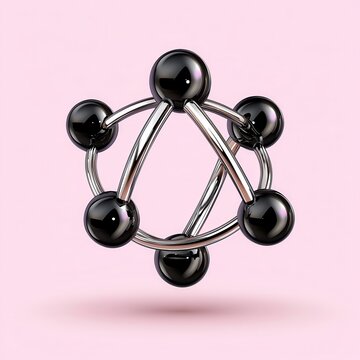Abstract 3D rendering of a silver and black molecular structure against a pink background. Shiny spheres are connected by thin, metallic rods. The
