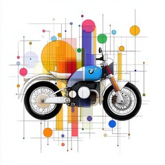 Poster - Colorful abstract art featuring a motorcycle, geometric shapes, and vibrant color palette on white background. Clean lines and bold forms create a