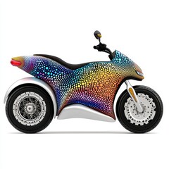Poster - Colorful three wheeled motorcycle with abstract mosaic design, isolated on white background. Futuristic, vibrant, and dynamic
