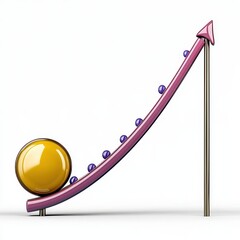 Poster - Abstract 3D render of a yellow sphere rolling up a pink curved arrow towards purple spheres, on a white background. Growth, success, progress