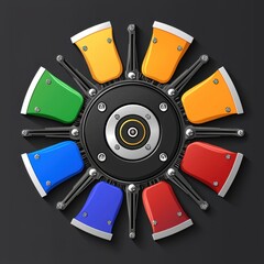Poster - Colorful geometric illustration with abstract arrangement of shapes and shadows, creating a visually striking pattern on a gray background. Metal