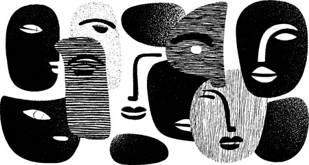 Poster - engraved abstract faces art set for design and decoration