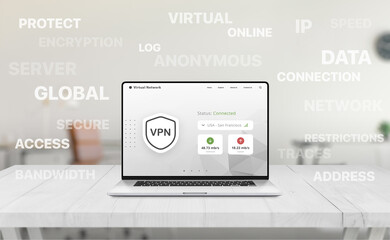Aufkleber - Laptop with VPN dashboard on screen surrounded by floating keywords like encryption, IP, anonymous, server, and secure data in office setup.