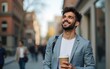 © wang - Young businessman holding coffee to go and looking up in the air. High quality