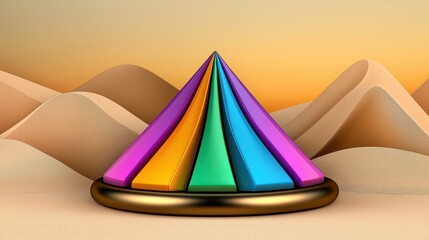 Poster - Abstract 3D rendering of a colorful pyramid in a desert landscape at sunset. The pyramid is composed of layers in various colors, sitting on a golden
