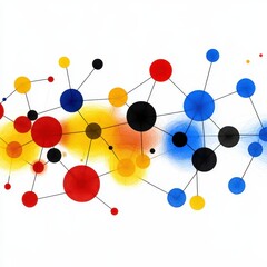 Poster - A network of interconnected red, blue, yellow, and black circles connected by dotted lines on a clean white background creates a modern and abstract