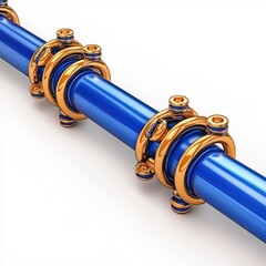 Poster - Blue metallic pipe with gold connectors on white background. Industrial, engineering, technology concept. 3D rendering