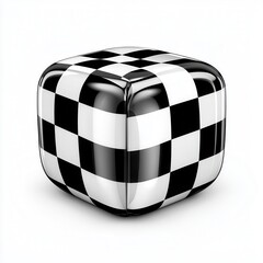 Poster - A geometric cube with a black and white checkerboard pattern, glossy and reflective, casting a soft shadow on a clean, white background. The cube's