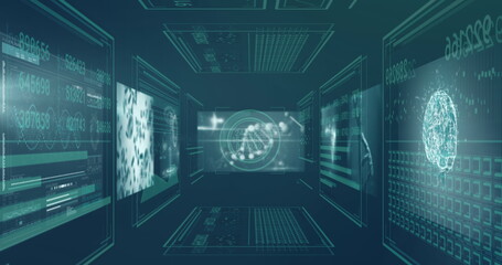 Poster - Image of data processing on screens over dark background