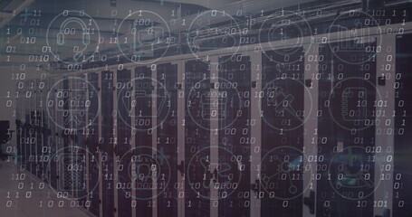 Poster - Image of data processing and icons over server room