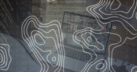 Poster - Image of white moving lines over person using laptop