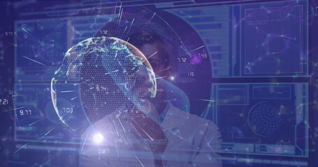 Poster - Image of digital interface and globe over caucasian doctor