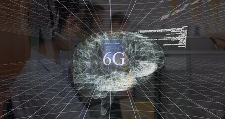 Poster - Image of digital interface and lines over caucasian men using headphone set