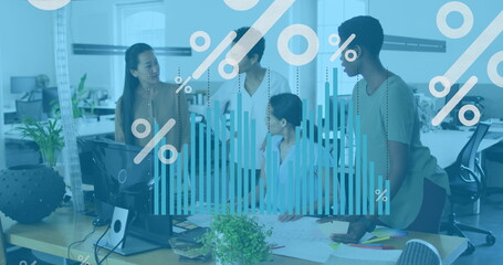 Poster - Image of percents and graphs over diverse female coworkers in office