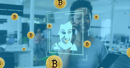 Poster - Image of bitcoins and user photos over woman in office