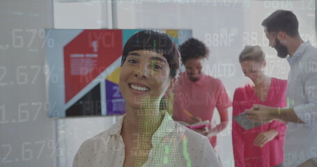Poster - Image of financial data and graphs over happy woman smiling at camera in office