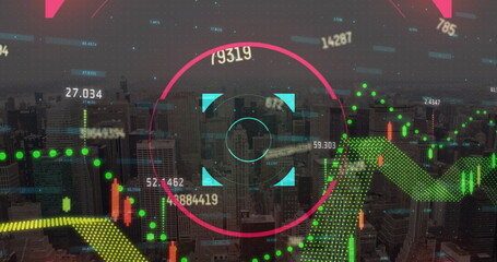 Aufkleber - Image of graphs, numbers and lines over cityscape