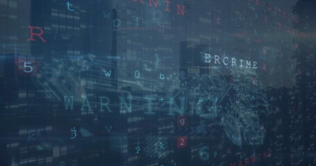 Poster - Image of virus scanning and numbers over cityscape