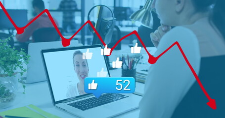 Poster - image of social media reactions and graphs over caucasian woman having image call on laptop
