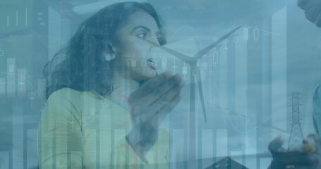 Poster - Image of financial data processing and wind turbine over diverse business people