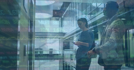 Poster - Image of stock market over diverse business people