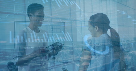 Poster - Image of financial data processing and cityscape over diverse business people