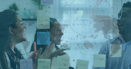 Poster - Image of world map and globe over diverse business people