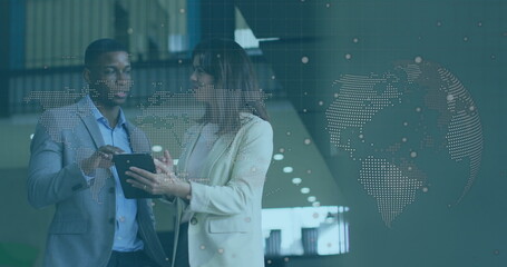 Poster - Image of world map and globe over diverse business people