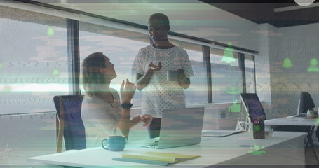 Poster - Image of digital interface with data processing over male doctor using tablet
