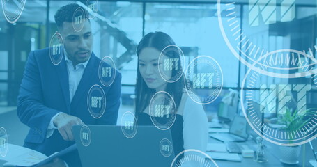 Poster - Image of scope scanning with nft text over diverse business people in office