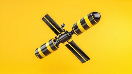 Poster - Black and yellow space station model against a vibrant yellow background. Clean lines and bold colors create a futuristic aesthetic.  High angle