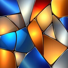 Poster - Abstract image featuring a mosaic of metallic, jewel toned shapes in shades of blue, orange, and gray. The shapes are irregular and interlock