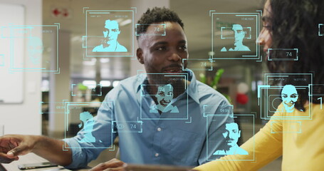 Poster - Image of people icons over diverse business people in office