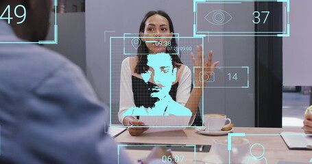 Poster - Image of social media icons over woman talking with man in office