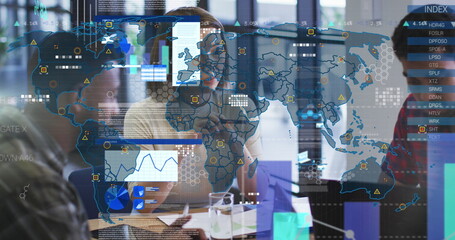 Poster - Image of data processing over diverse business people in office