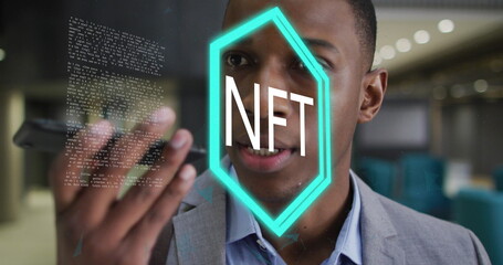 Poster - Image of numbers changing and network of connections over businessman wearing phone headset