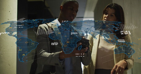 Poster - Image of world map over diverse business people in office