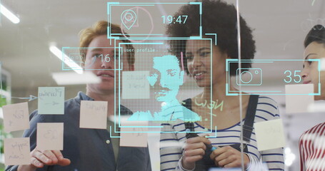 Poster - Image of people icons over diverse business people in office