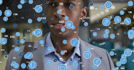 Poster - Image of media icons over african american businessman in office