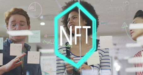 Poster - Image of nft text over diverse business people in office
