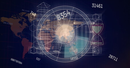 Poster - Image of digital padlock over black background with rotating circles