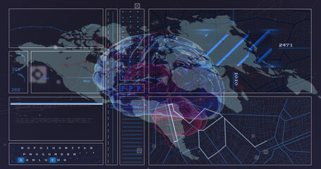 Poster - Image of data processing and digital brain over world map