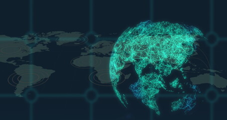 Poster - Image of network of connections over world map and globe