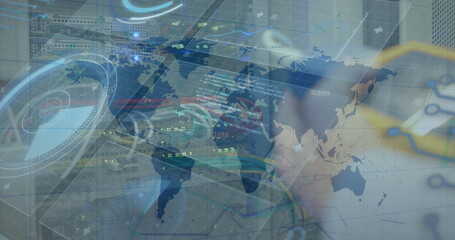 Poster - Image of data processing and world map over caucasian man in server room