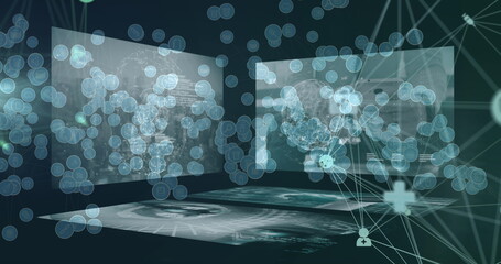 Poster - Image of network of connections with icons over data processing